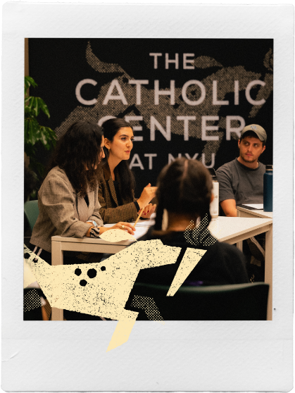Polaroid image of students participating at an event at the Catholic Center at NYU